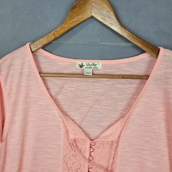 Unity World Wear Blouse Women's Large Peach Lace Trim Shark Tie Neck Cap Sleeve - Picture 4 of 12